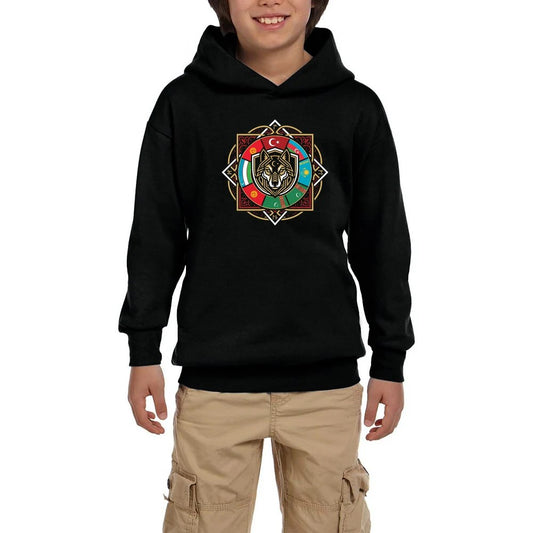 Sekizgen Mandala Bayraklı Bozkurt Baskılı Siyah Çocuk Kapşonlu Sweatshirt