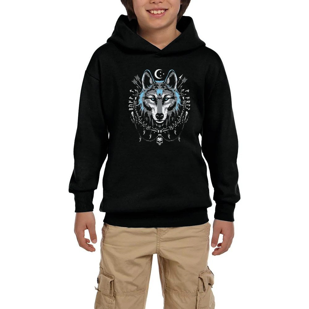 Mavi Mistik Hilal Süslemeli Bozkurt Baskılı Siyah Çocuk Kapşonlu Sweatshirt