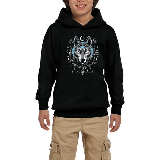 Mavi Mistik Hilal Süslemeli Bozkurt Baskılı Siyah Çocuk Kapşonlu Sweatshirt