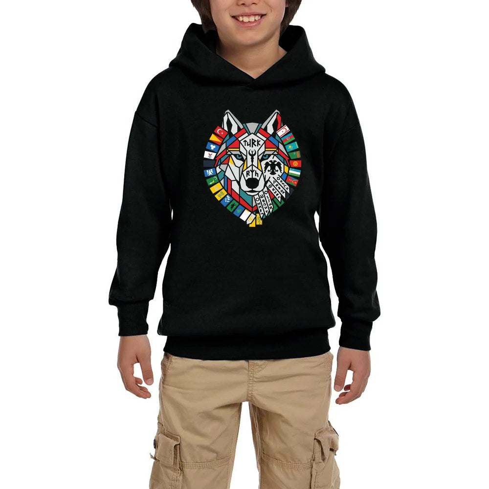 Bayrak Çelenkli Bozkurt Başı Baskılı Siyah Çocuk Kapşonlu Sweatshirt