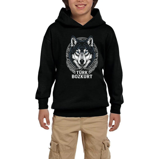Türk Bozkurt Yazılı Detaylı Kurt Başı Baskılı Siyah Çocuk Kapşonlu Sweatshirt