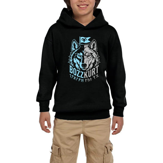 Mavi Beyaz İki Yüzlü Bozkurt Bayraklı Baskılı Siyah Çocuk Kapşonlu Sweatshirt