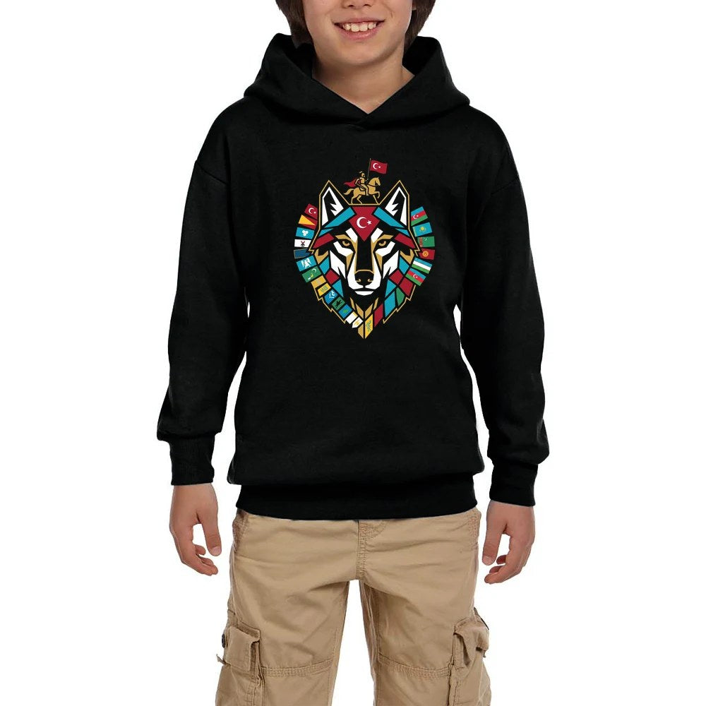 Totem Tarzı Renkli Bozkurt Amblemi Baskılı Siyah Çocuk Kapşonlu Sweatshirt
