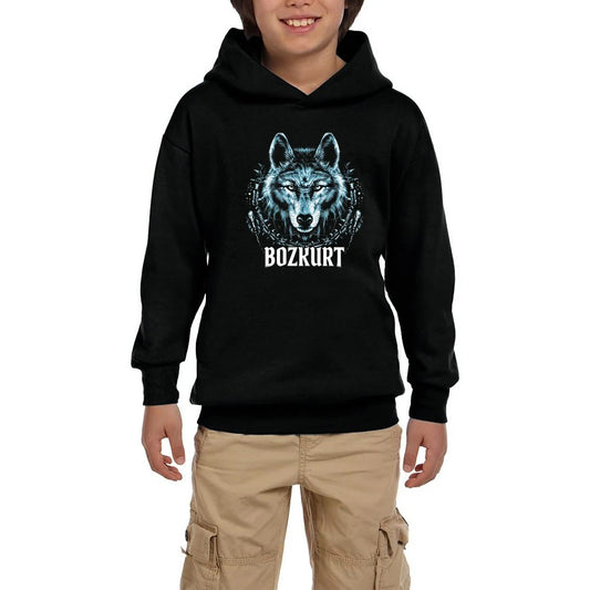 Buz Mavisi Bozkurt Başı Yazılı Baskılı Siyah Çocuk Kapşonlu Sweatshirt
