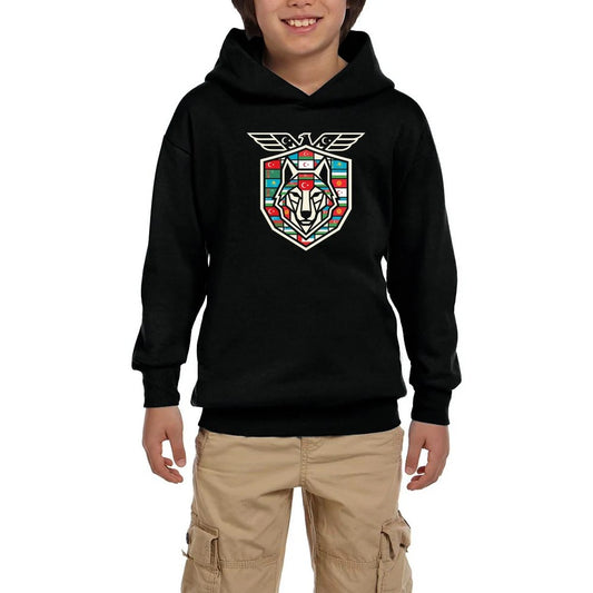 Kanatlı Arma Bayraklı Kalkan Bozkurt Baskılı Siyah Çocuk Kapşonlu Sweatshirt