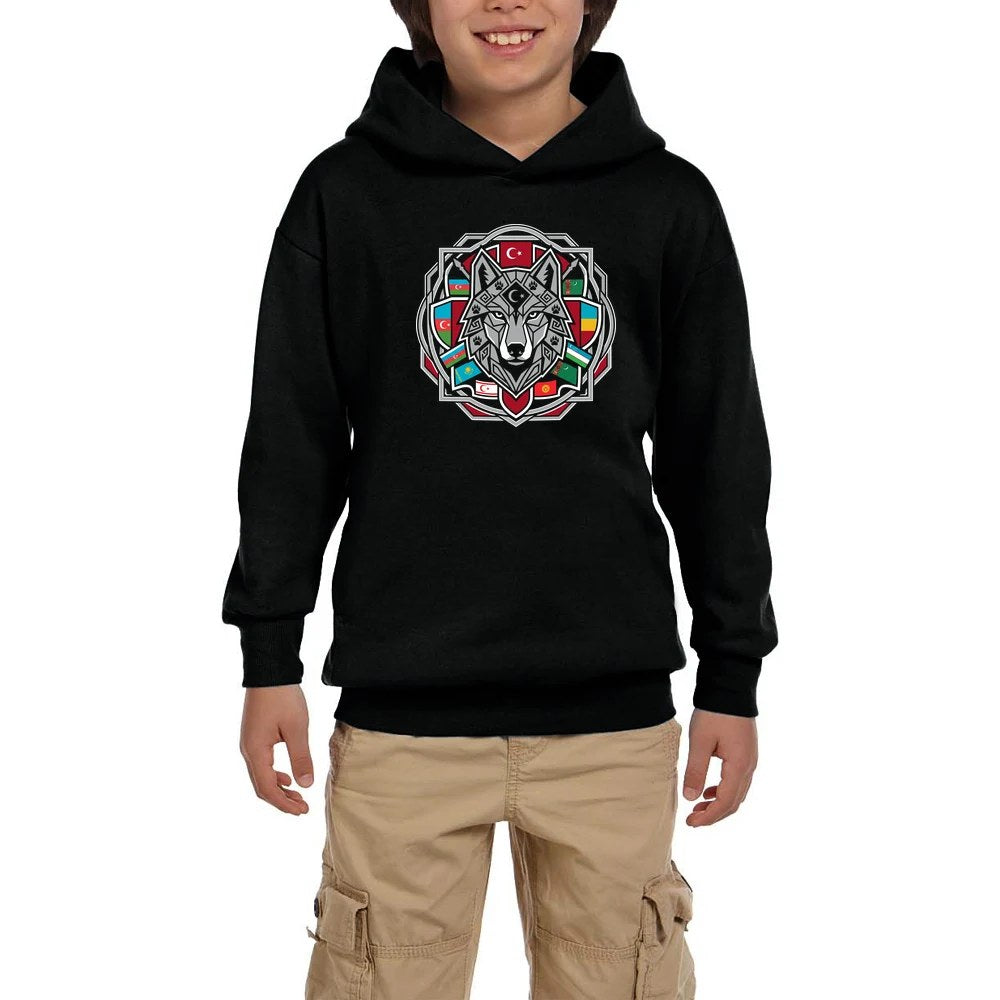 Mandala Desenli Bayraklı Gri Kurt Baskılı Siyah Çocuk Kapşonlu Sweatshirt
