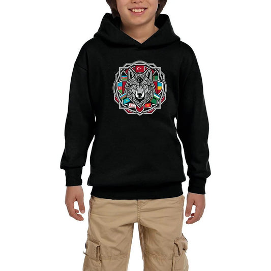 Mandala Desenli Bayraklı Gri Kurt Baskılı Siyah Çocuk Kapşonlu Sweatshirt