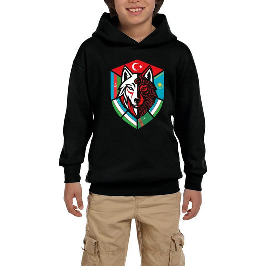 Kardeş Ülke Bayraklı Kalkan Bozkurt Baskılı Siyah Çocuk Kapşonlu Sweatshirt