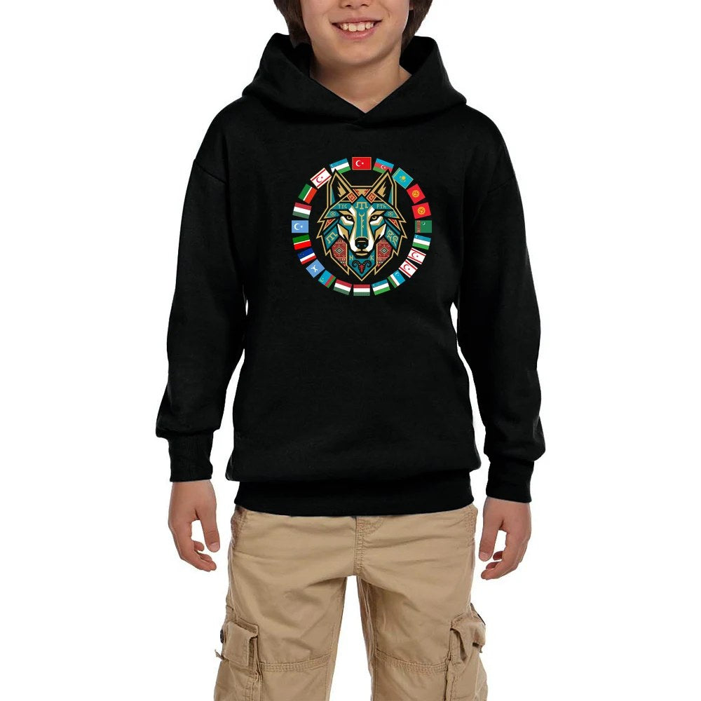 Dairesel Bayrak Çemberli Bozkurt Baskılı Siyah Çocuk Kapşonlu Sweatshirt