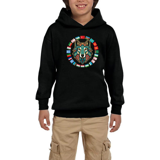 Dairesel Bayrak Çemberli Bozkurt Baskılı Siyah Çocuk Kapşonlu Sweatshirt