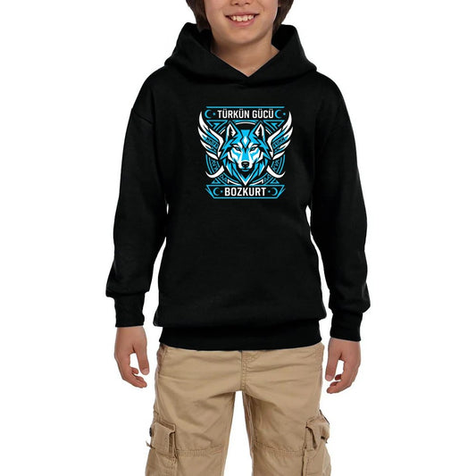 Kanatlı Mavi Bozkurt Turan Yazılı Baskılı Siyah Çocuk Kapşonlu Sweatshirt