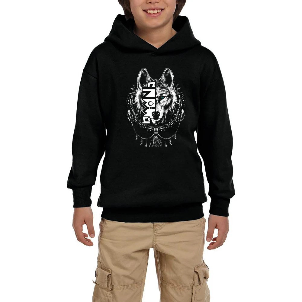 Beyaz Eskiz Tarzı Kurt Başı Baskılı Siyah Çocuk Kapşonlu Sweatshirt