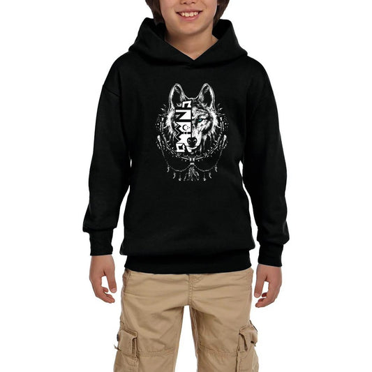 Beyaz Eskiz Tarzı Kurt Başı Baskılı Siyah Çocuk Kapşonlu Sweatshirt