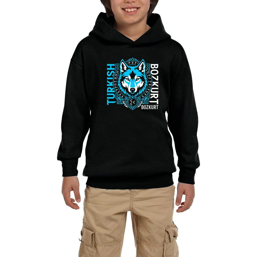 Dikey Turkish Bozkurt Tipografili Mavi Baskılı Siyah Çocuk Kapşonlu Sweatshirt