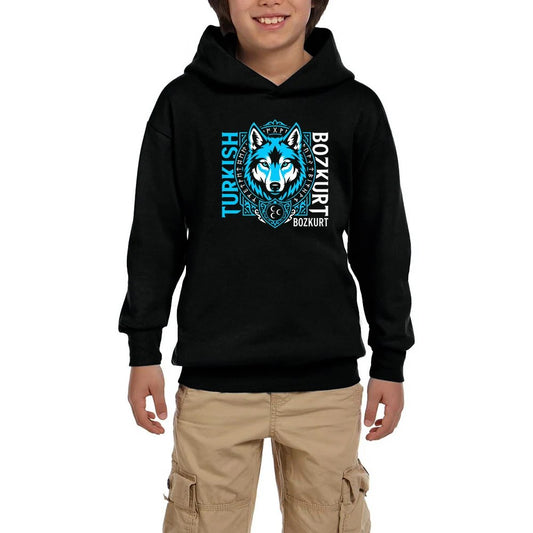 Dikey Turkish Bozkurt Tipografili Mavi Baskılı Siyah Çocuk Kapşonlu Sweatshirt