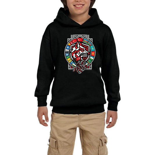 Kırmızı Bayraklı Kalkan Amblem Bozkurt Baskılı Siyah Çocuk Kapşonlu Sweatshirt
