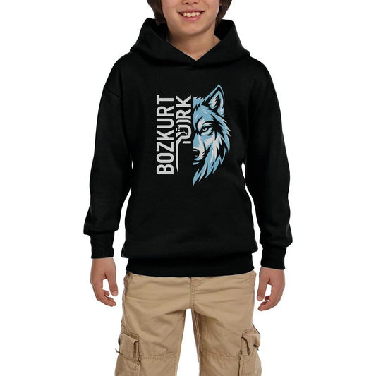 Dikey Bozkurt Türk Yazılı Mavi Kurt Profili Baskılı Siyah Çocuk Kapşonlu Sweatshirt