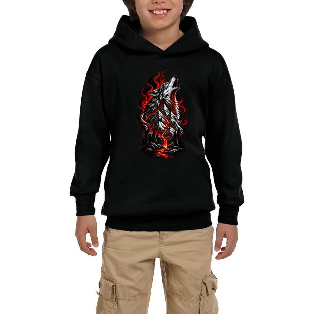 Ateş Dağları Bozkurdu Siyah Çocuk Kapşonlu Sweatshirt