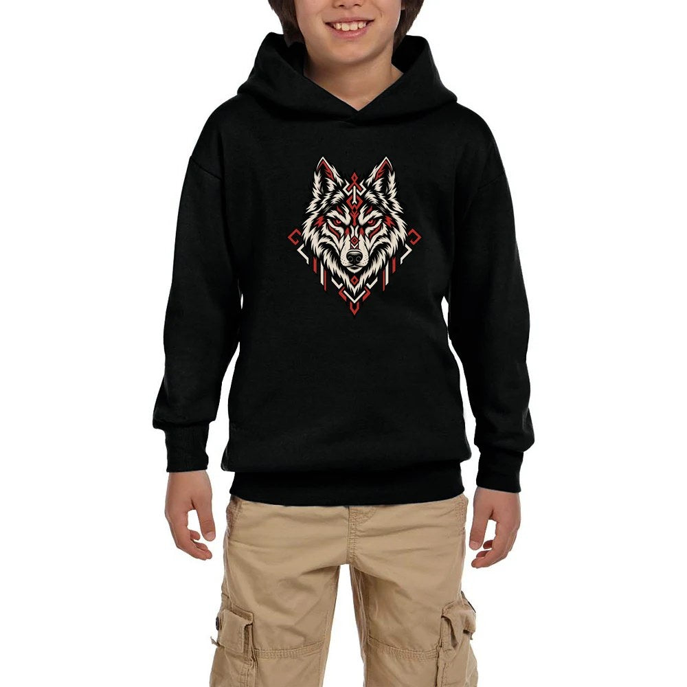 Geometrik Bozkurt Siyah Çocuk Kapşonlu Sweatshirt
