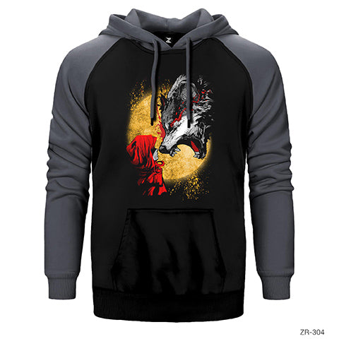 Kırmızı Başlıklı Kız ve Kurt Çift Renk Reglan Kol Sweatshirt / Hoodie