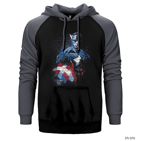 Captain America Stencil 2 Çift Renk Reglan Kol Sweatshirt / Hoodie