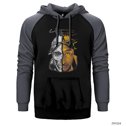 Tupac Shakur Skull Çift Renk Reglan Kol Sweatshirt / Hoodie