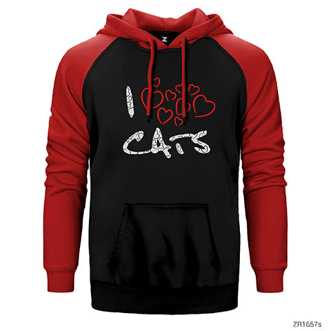 Kedi I Love Cats Çift Renk Reglan Kol Sweatshirt / Hoodie