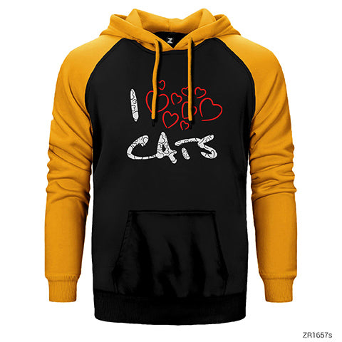 Kedi I Love Cats Çift Renk Reglan Kol Sweatshirt / Hoodie