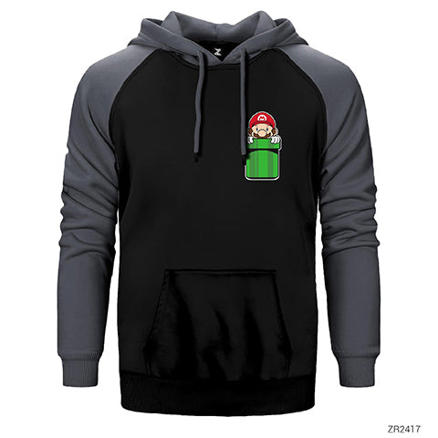 Super Mario Pocket Çift Renk Reglan Kol Sweatshirt / Hoodie