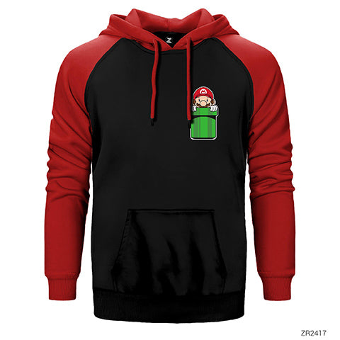 Super Mario Pocket Çift Renk Reglan Kol Sweatshirt / Hoodie