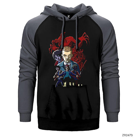 Stanger Things Cartoon Çift Renk Reglan Kol Sweatshirt / Hoodie