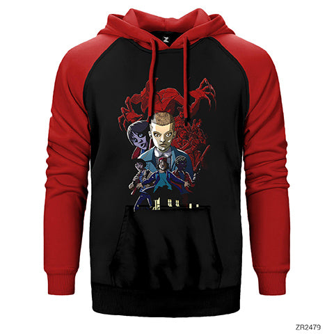Stanger Things Cartoon Çift Renk Reglan Kol Sweatshirt / Hoodie