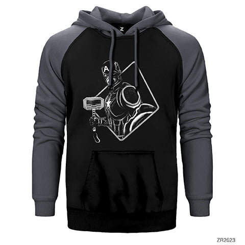 Captain America Mjolnir Black and White Çift Renk Reglan Kol Sweatshirt / Hoodie