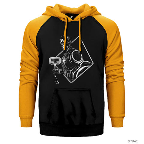 Captain America Mjolnir Black and White Çift Renk Reglan Kol Sweatshirt / Hoodie