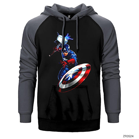Captain America Mjolnir and Shield Çift Renk Reglan Kol Sweatshirt / Hoodie