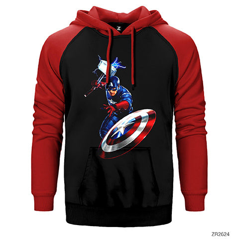 Captain America Mjolnir and Shield Çift Renk Reglan Kol Sweatshirt / Hoodie