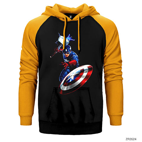 Captain America Mjolnir and Shield Çift Renk Reglan Kol Sweatshirt / Hoodie