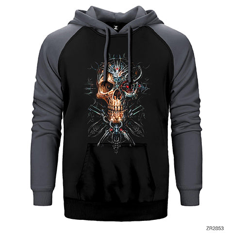 Skull Robotic Çift Renk Reglan Kol Sweatshirt / Hoodie