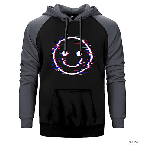 Glitch Face Çift Renk Reglan Kol Sweatshirt / Hoodie