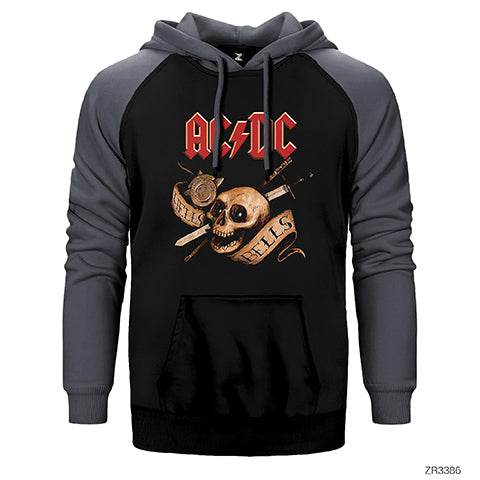 AC DC Hell Bells Skull Çift Renk Reglan Kol Sweatshirt / Hoodie