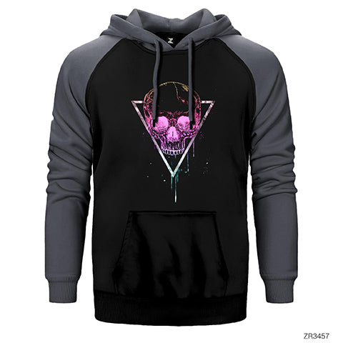 Skull Pink Kufu Kafa Çift Renk Reglan Kol Sweatshirt / Hoodie