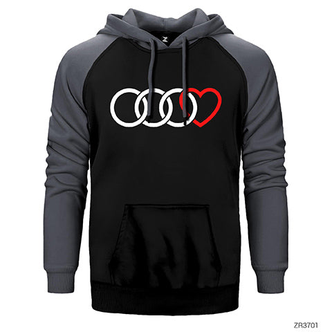 3 Audi Rings Hearth Çift Renk Reglan Kol Sweatshirt / Hoodie