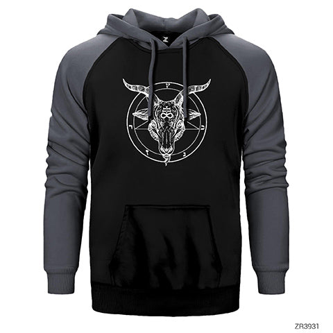 Baphomet Goat Head with Çift Renk Reglan Kol Sweatshirt / Hoodie