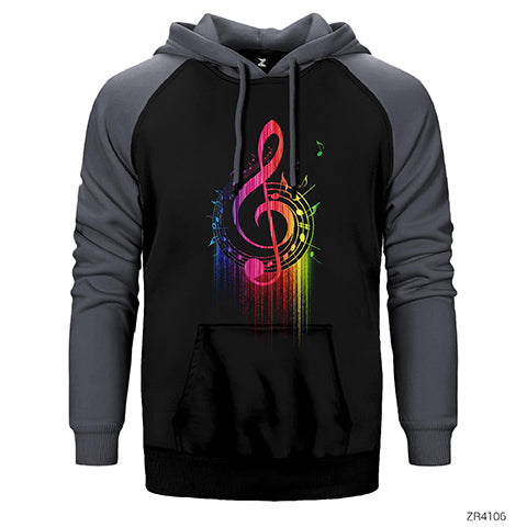Sol Anahtarı ve Notalar Çift Renk Reglan Kol Sweatshirt / Hoodie