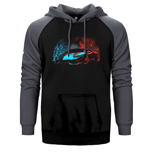 Lamborghini Blue Red Neon Çift Renk Reglan Kol Sweatshirt / Hoodie