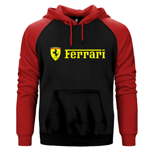 Ferrari Logo Gold Text Çift Renk Reglan Kol Sweatshirt / Hoodie