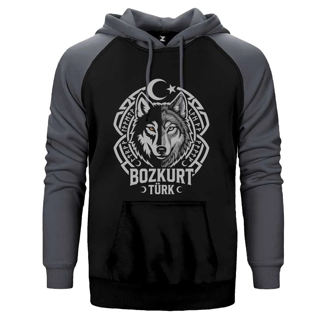 Bozkurt Türk Ay Yıldız Motifli Kurt Başı Baskılı Çift Renk Reglan Kol Sweatshirt / Hoodie