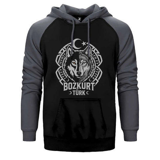 Bozkurt Türk Ay Yıldız Motifli Kurt Başı Baskılı Çift Renk Reglan Kol Sweatshirt / Hoodie