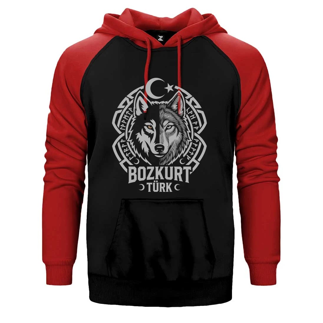 Bozkurt Türk Ay Yıldız Motifli Kurt Başı Baskılı Çift Renk Reglan Kol Sweatshirt / Hoodie