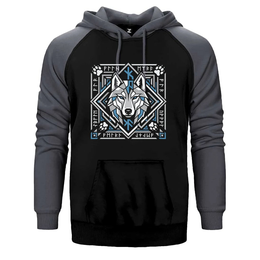 Geometrik Çerçeveli Kurt Başı Baskılı Çift Renk Reglan Kol Sweatshirt / Hoodie